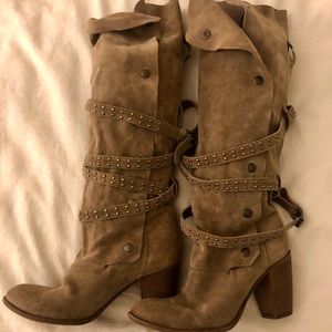 Barney’s CoOp olive/tan suede knee-high boots